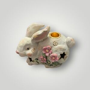 Roman Inc Bunny Rabbit Candle Holder White Pink Floral Star Cutout Easter Spring